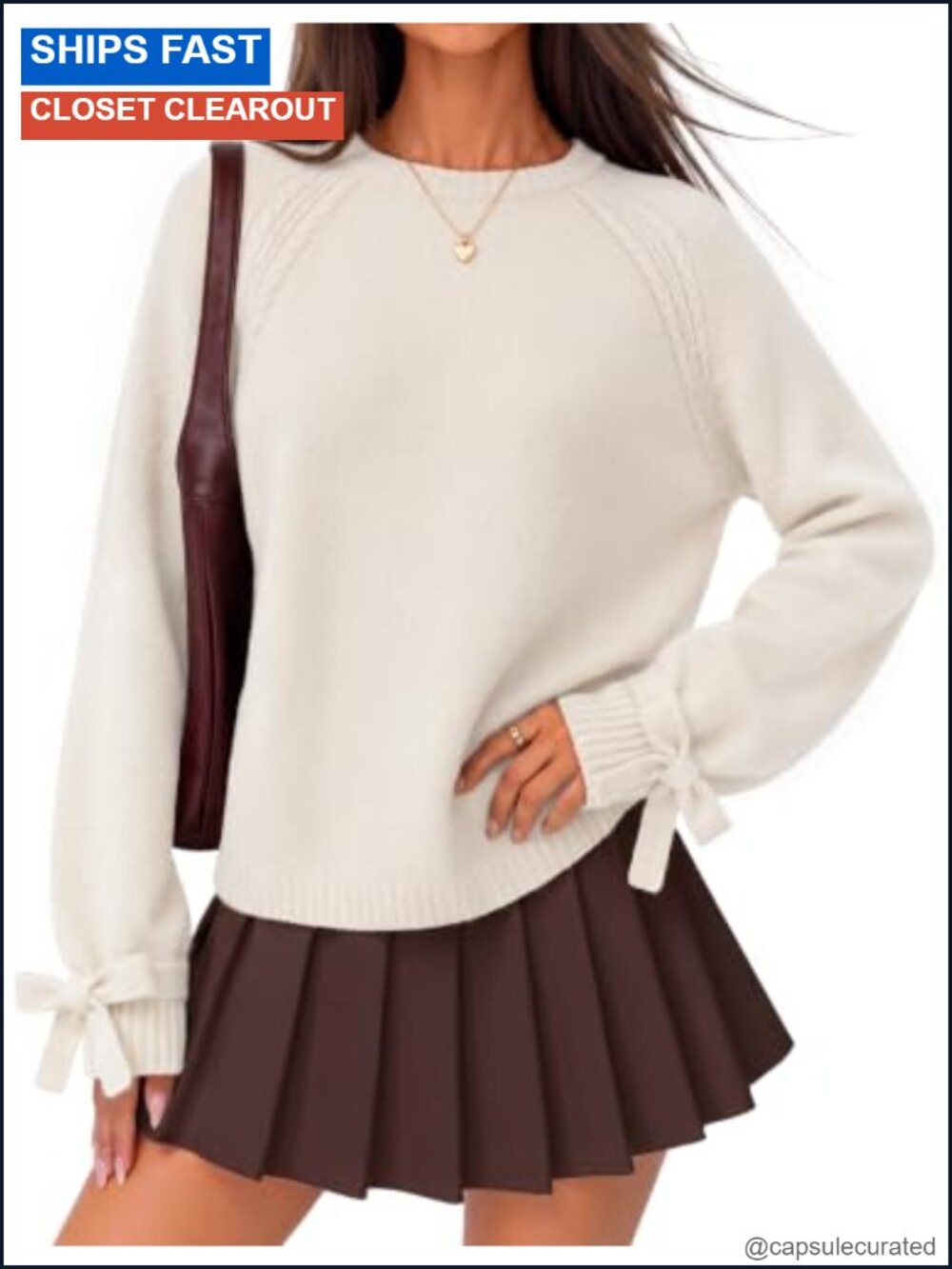 Cable Knit Pullover Sweater with Cuff Bow Crew Neck Loose Fit Fall Winter